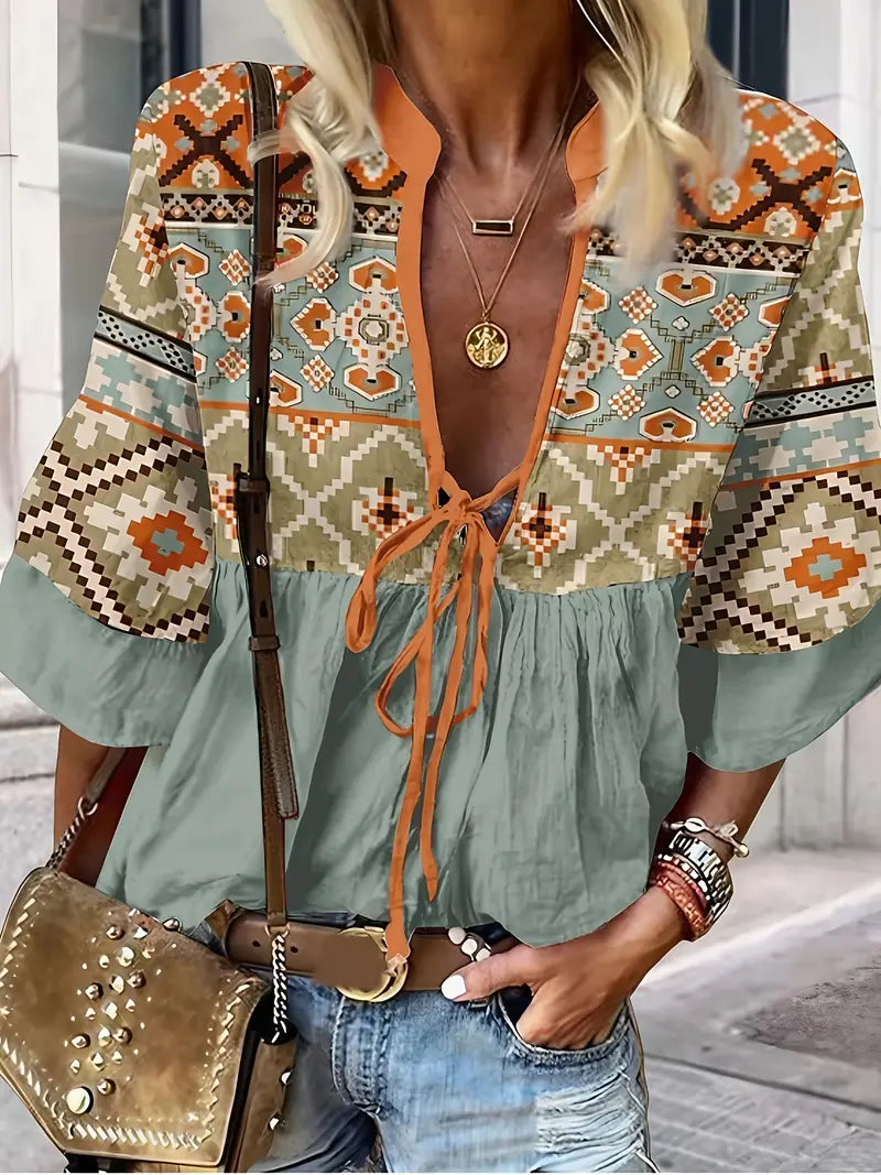 Turquoise & Orange Floral Print Blouse