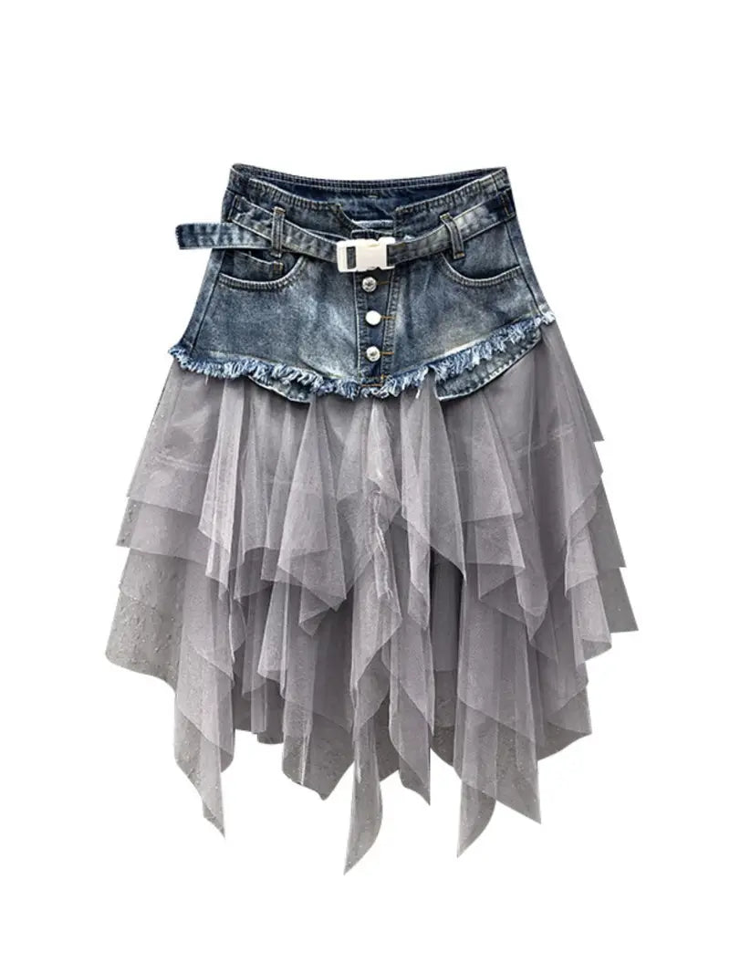 Layered Denim-like Skirt with Tulle Overlay
