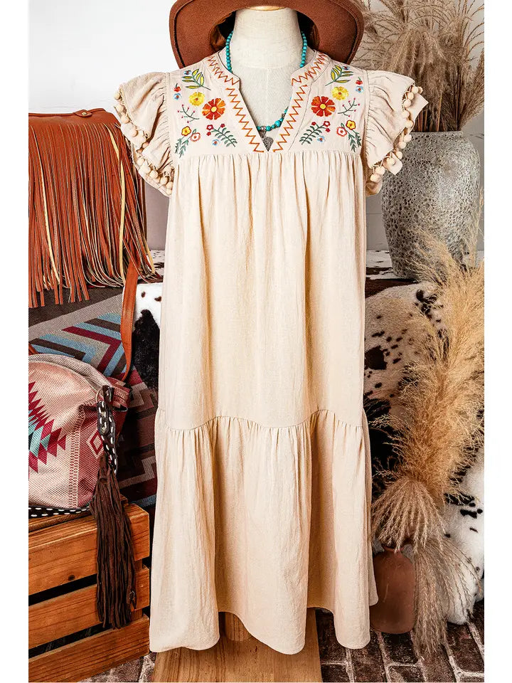Embroidery Pom Pom Ruffled Dress