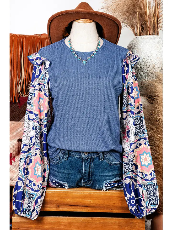 Fall Ruffled Waffle Blue Blouse