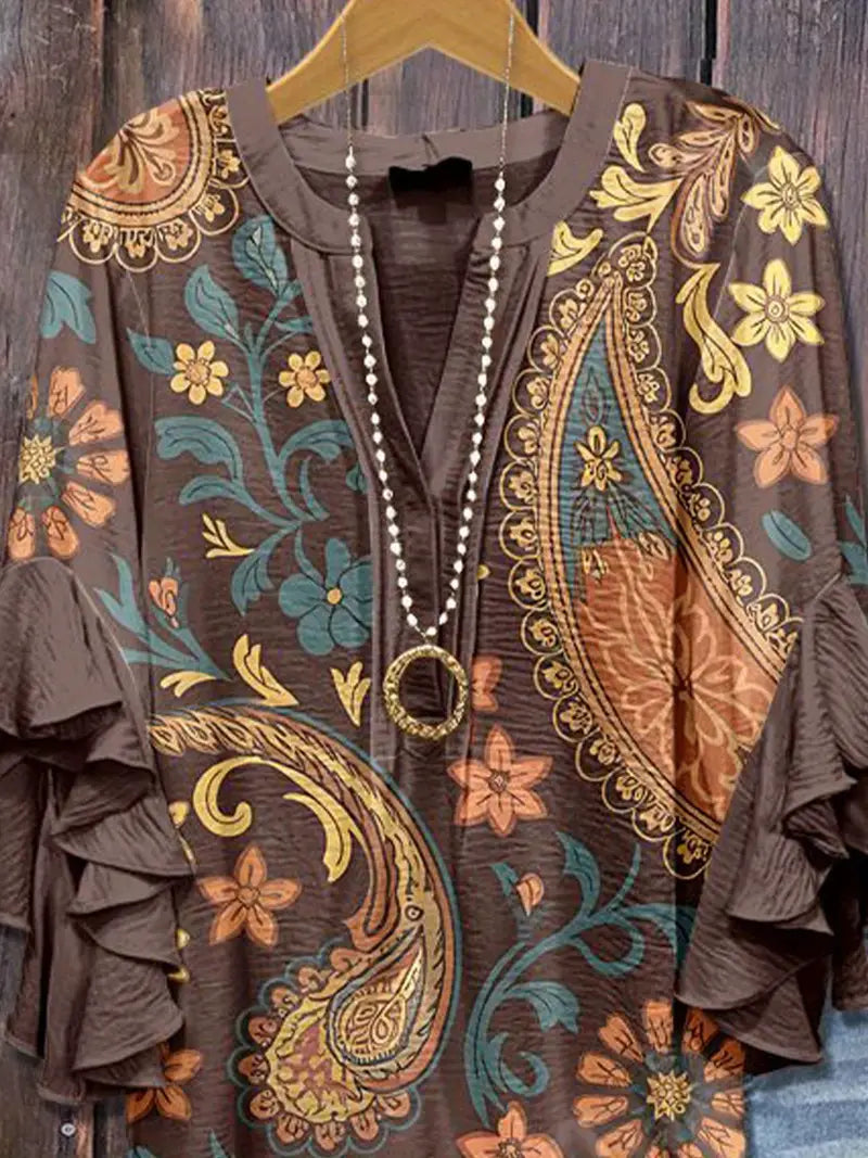 Elegant V-Neck Blouse with Lotus Leaf Sleeves