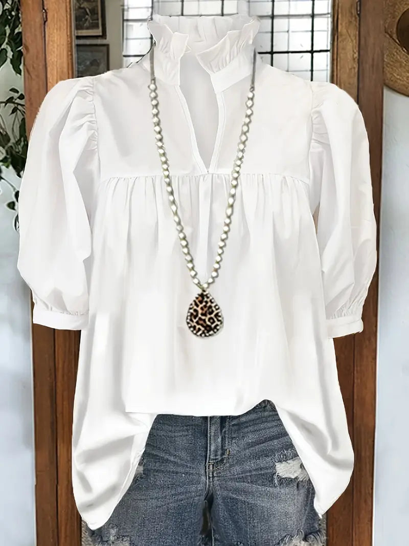 White Ruffle V-Neck Buttoned Puff Sleeve Short Sleeve Shirt