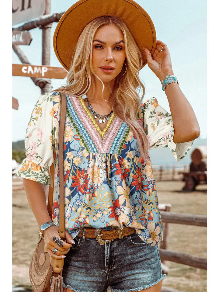 Boho Short Sleeve Floral Blouse