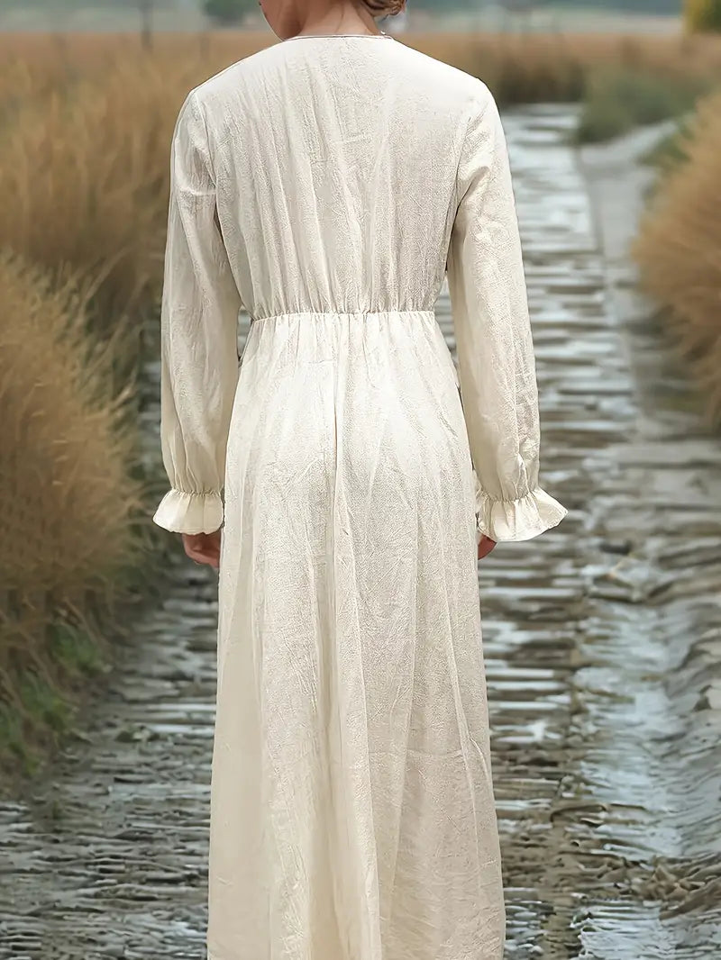 Bohemian Style Contrast LaceV-Neck Long Sleeve Elegant Dress