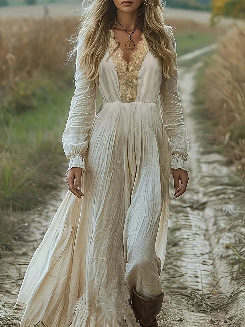 Bohemian Style Contrast LaceV-Neck Long Sleeve Elegant Dress