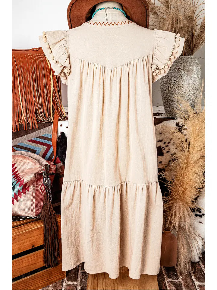 Embroidery Pom Pom Ruffled Dress