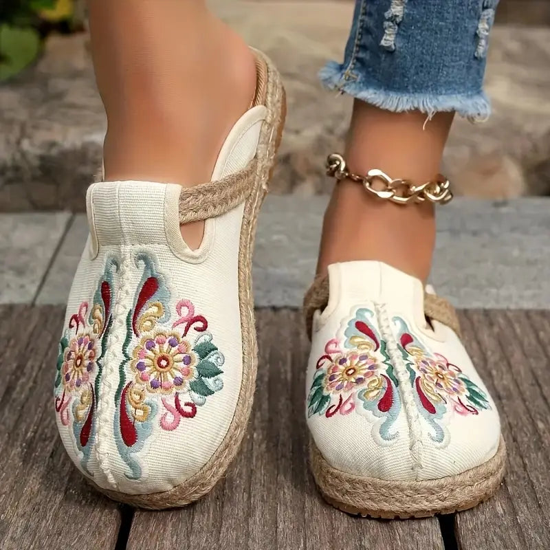 Floral Embroidered Fabric Slides