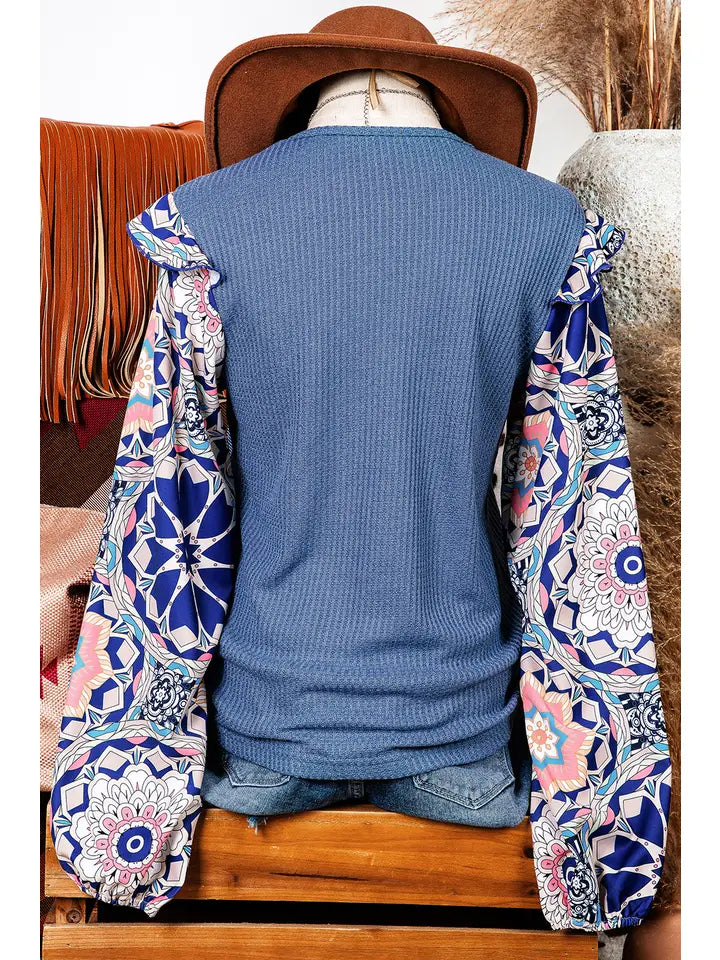 Fall Ruffled Waffle Blue Blouse