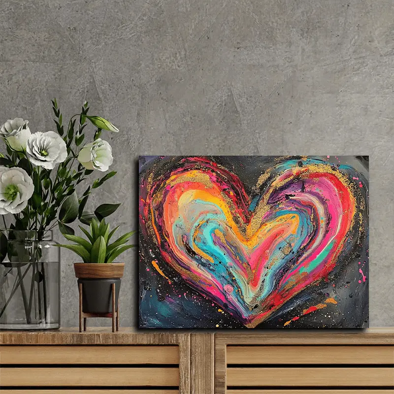 Wooden Framed Canvas Painting A heart-shaped abstract painting