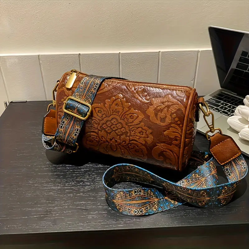 Crossbody Bag, Vintage Ethnic Flower Embossed